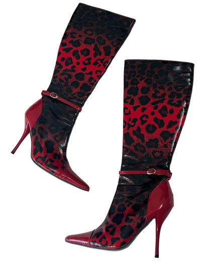 Patent Leopard Knee-High Boots