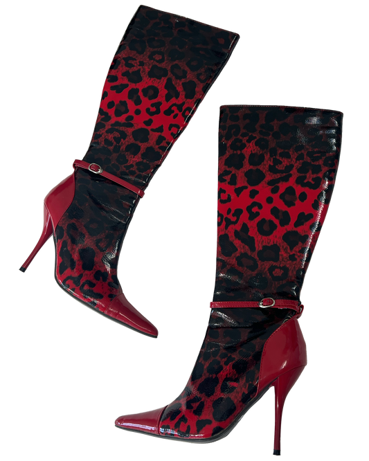 Patent Leopard Knee-High Boots