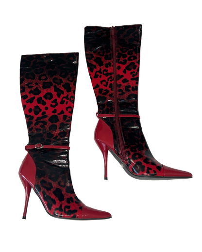 Patent Leopard Knee-High Boots